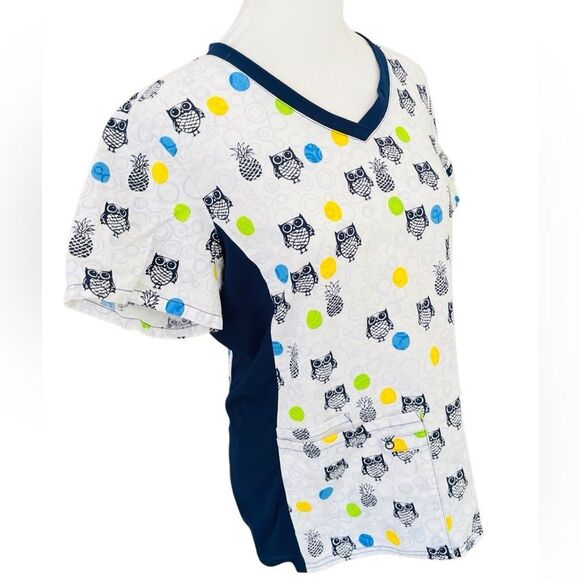 Cherokee Blue and White Owl and pineapple Print Scrub Top - Picture 4 of 6